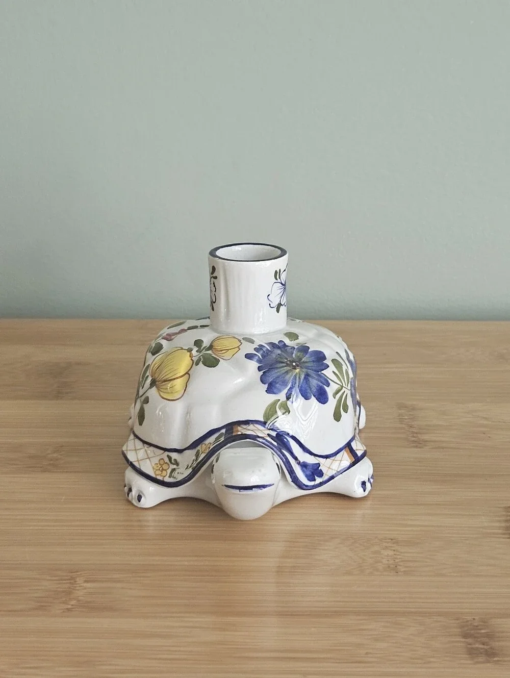 Made in Italy Hand Painted Ceramic Turtle Candle Holder Floral Glossy Finish VTG